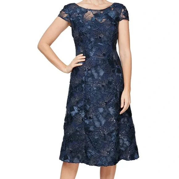 green emerald velvet dress Alex Evenings Petite A-Line Embroidered Mock Dress with Scallop Detail Smokey Orchid / 10p main image 0